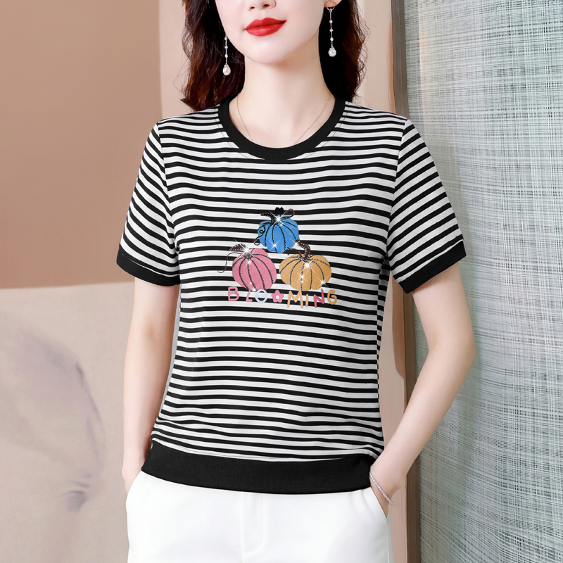 RY3683# 实拍 2026夏季新款条纹短袖妈妈装宽松遮肚南瓜图案印花烫钻T恤女