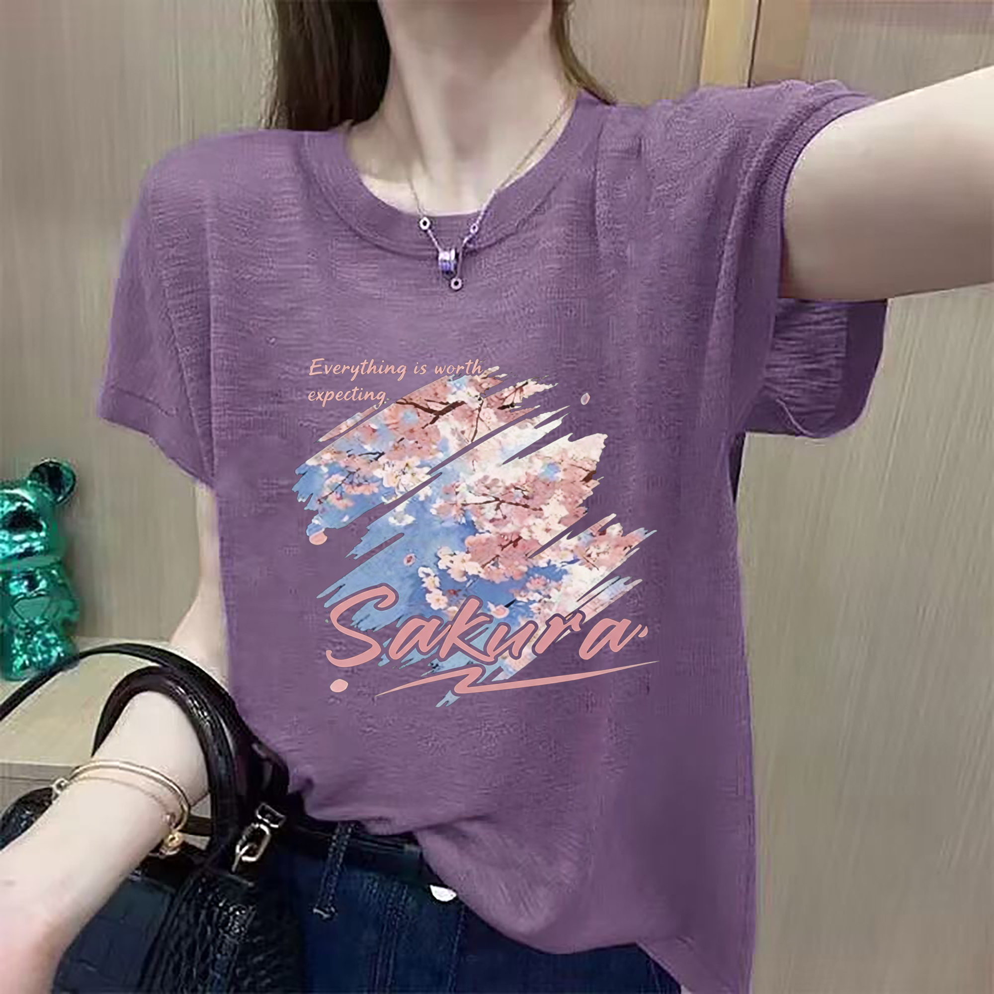 RY7497# 2026夏季新款竹节棉短袖印花大码宽松百搭休闲圆领上衣T恤