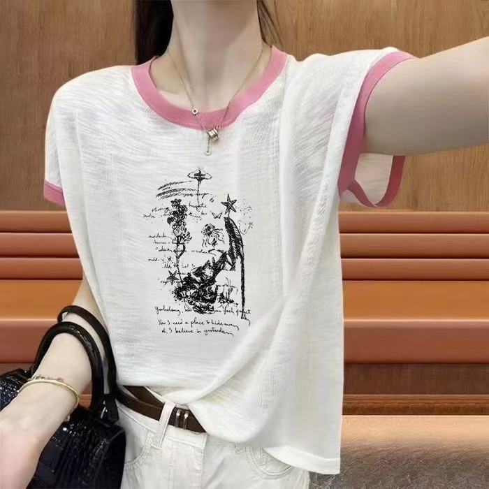 RY7504# 2026夏季新款竹节棉短袖印花大码宽松百搭休闲撞色圆领上衣...