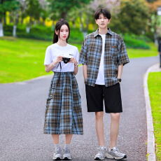 实拍情侣装2026夏季学院风短袖t袖格子衬衫学生毕业班服套装