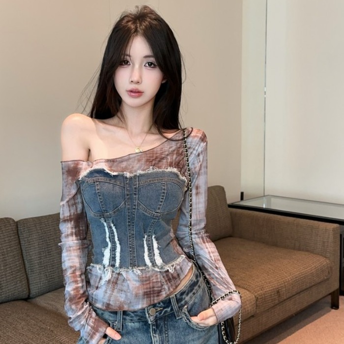 FA35509# 美式甜酷辣妹拼接抹胸斜肩T恤女不规则小众修身短款上衣 服裝批發女裝批發服飾貨源