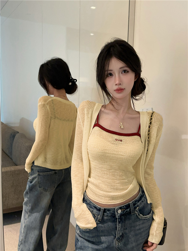 FA35511# 新款刺绣吊撞色吊背心长袖开衫上衣两件套 服裝批發女裝批發服飾貨源