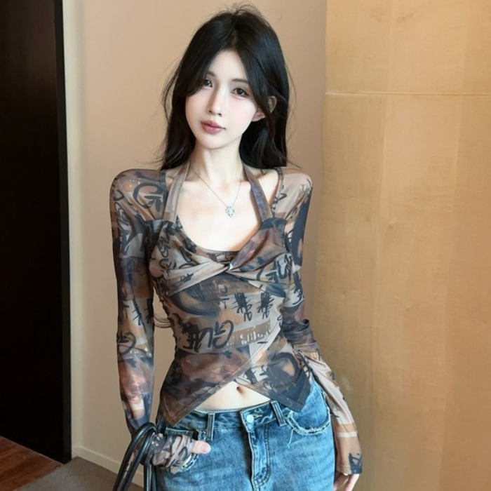 FA35508# 纯欲独特别致设计感挂脖上衣女时尚高街韩系修显瘦T恤 服裝批發女裝批發服飾貨源
