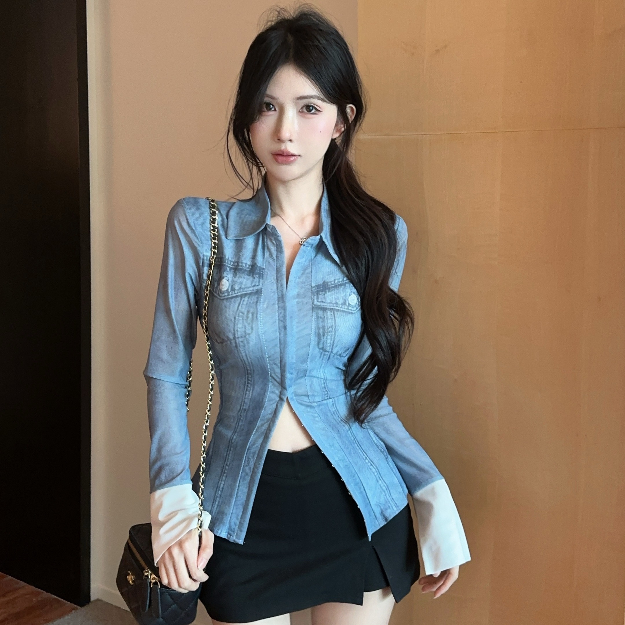 FA35510# 美式复古辣妹印花网纱长袖衬衫女秋纯欲修身显瘦外穿上衣 服裝批發女裝批發服飾貨源