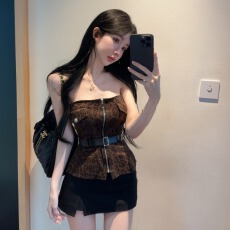 批发实价实拍，豹纹甜酷拉拉链抹胸背心女设计感修身性感辣妹短款抹胸