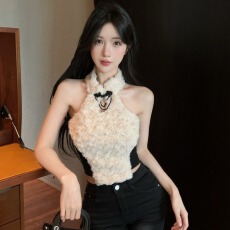 批发实价实拍玫瑰花朵设计感挂脖外穿吊带背心女复古内搭打底上衣