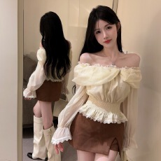 批发实价实拍喇叭袖一字肩<b class='q'>蕾丝</b>拼接<b class='q'>雪纺</b>衫女秋装气质辣妹性感上衣