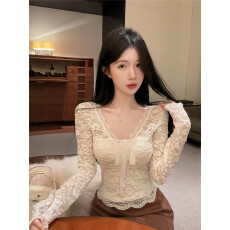 批发实拍实价法式V领<b class='q'>蕾丝</b>衫修身纯欲打底衫气质内搭上衣