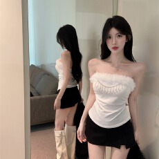 批发实拍实价纯欲辣妹风设计感一字肩抹胸毛毛内搭上衣