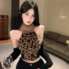 批发实价实拍2025<b class='q'>秋</b>冬新款甜酷辣豹纹仿皮草环保毛挂脖领连袖背心小衫