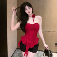 批发实拍实价辣妹红色无袖背心女纯欲荷叶边不规则抹胸上衣