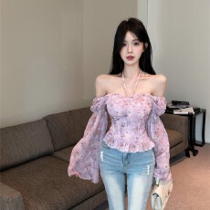 批发实拍实价法式碎花挂脖<b class='q'>雪纺</b>喇叭袖<b class='q'>衬衫</b>绝美收腰一字肩设计感上衣