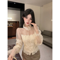 批发实拍实价重工复古蕾丝<b class='q'>波点</b>上衣花边网纱拼接收腰<b class='q'>衬衫</b>