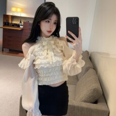 批发实价实拍法式蕾丝花边挂脖长袖衬衫女早秋款纯欲风显瘦露肩上衣