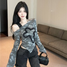 批发实拍实价美式辣妹斜露肩<b class='q'>长袖</b><b class='q'>T</b><b class='q'>恤</b>秋季设计感扎染上衣