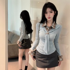 批发实价实拍法式甜美俏皮撞色格子拼接设计棉质面料2026春季新款