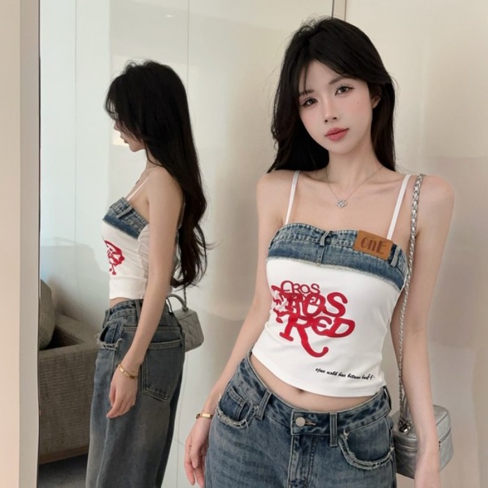 정가 실사 아메리칸 핫걸 데님 패치워크 알파벳 프린트 캐미솔 새로운 몸매 가꾸기 슬림해 보이는 튜브탑 맨위
