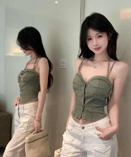 정가 실사 아메리칸 뜨거운 핫걸 섹시함 디자인 작은 대중 데님 슬립 여성 인사이드 가져 가라. 외출용 행침 목 맨위 여름