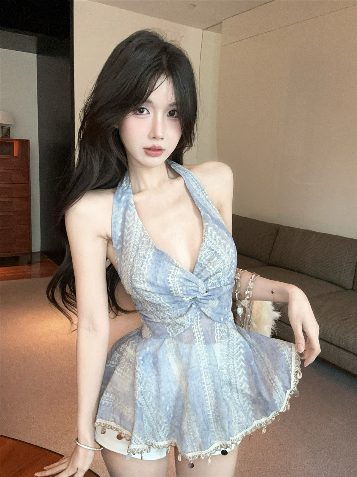 실사 정가 휴가 바람 행침 목 캐미솔 여름 여름 순수한 욕망 핫걸 V넥 튜브탑 태국 사람 스타일