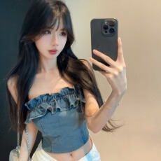 批发实拍实价 复古辣妹性感荷叶边一字领设计感短款抹胸牛仔背心上衣