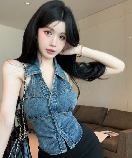 정가 실사 아메리칸 핫걸 바람 행침 목 빅 브이 넥 데님 조끼 백리스 외출용 디자인 센스 몸매 가꾸기 맨위