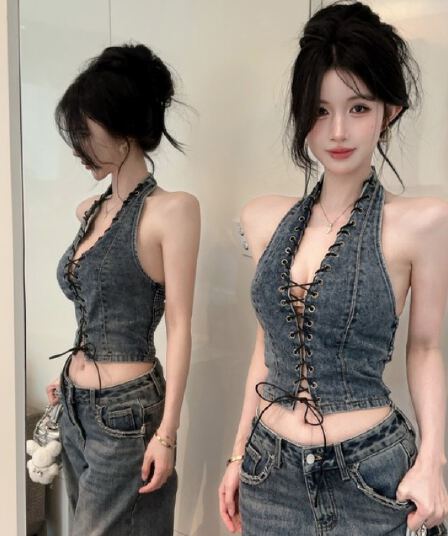 정가 실사 아메리칸 알몸의 빈 디자인 스트랩 행침 목 섹시함 핫걸 백리스 쇼트 스타일 데님 조끼 슬립