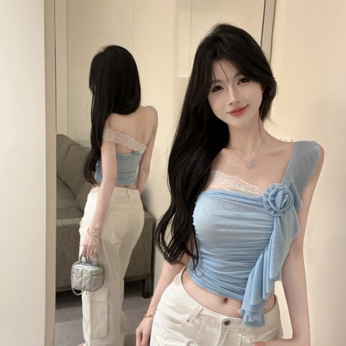정가 실사 새로운 프랑스식 레이스 섹시함 핫걸 캐미솔 여름 몸매 가꾸기 오프숄더 슬림해 보이는 짧은 맨위