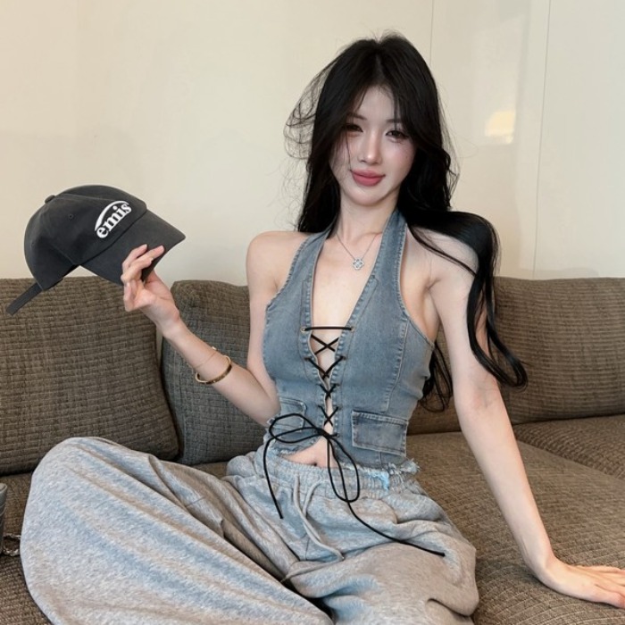 정가 실사 디자인 센스 아메리칸 데님 행침 목 캐미솔 여름 외출용 핫걸 섹시함 백리스 맨위 짧은