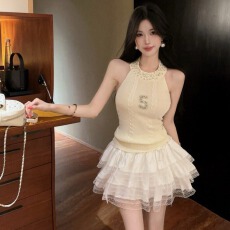 批发实价实拍重工钉钻挂脖针织背心女+法式蝴蝶结<b class='q'>蕾丝</b>花边半身裙短裙