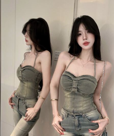 정가 실사 프랑스식 행침 목 슬림해 보이는 허리 수축 민소매 핫걸 데님 조끼 순수한 욕망 섹시함 튜브탑 벨트 가슴 패드