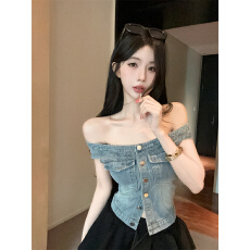 批发实价实拍美式一字肩牛仔抹胸背心马甲女夏外穿辣妹修身显瘦短上衣