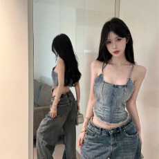 批发实价实拍法式辣翻夏日酷辣烫钻毛边<b class='q'>牛仔</b>吊带女夏季2026年新款