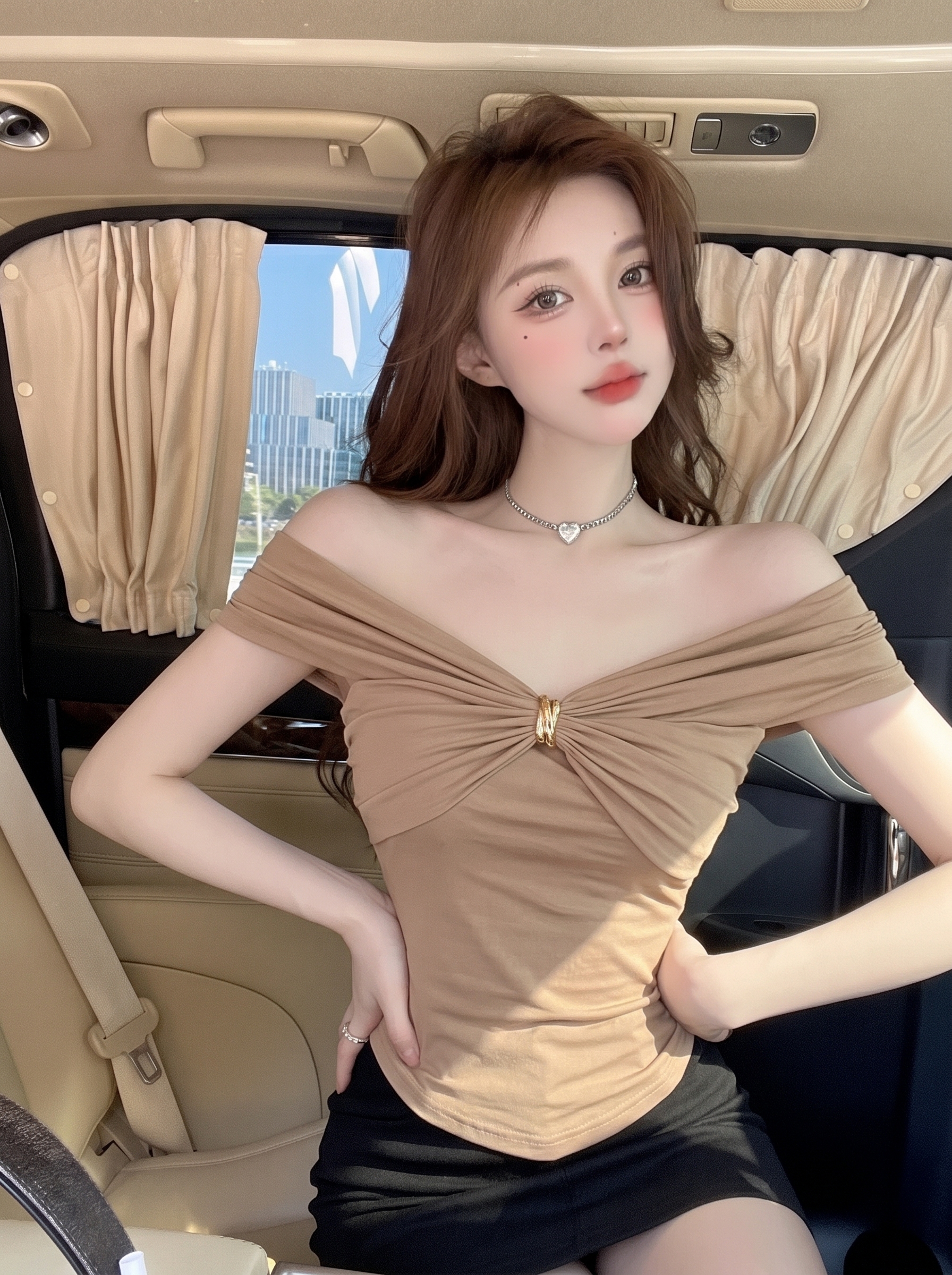 실사 정가 여름 순수한 욕망 작은 대중 고유 한 금속 버클 Chic 아름다운 오프숄더 슬림해 보이는 반팔 티셔츠