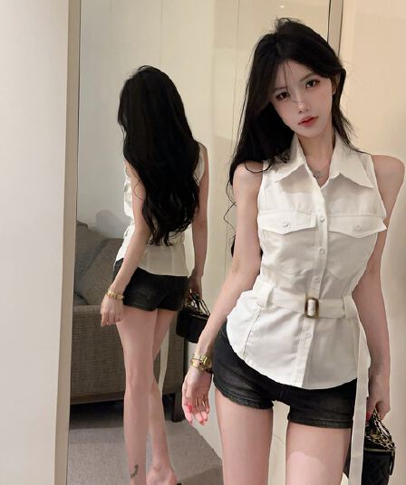 실사 정가 카키 색 ppolo 칼라 민소매 셔츠 여름 레트로 핫걸 디자인 센스 몸매 가꾸기 베스트 맨위
