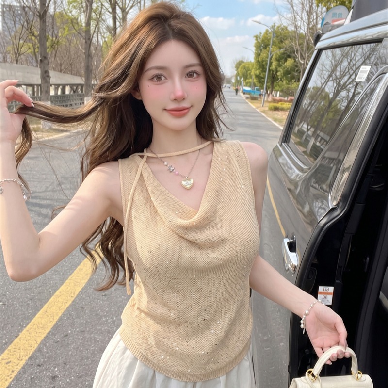 정가 실사 여름 새로운 한 부서 품격 루즈핏 흔들다 칼라 민소매 니트 빛나는 행침 목 조끼 맨위 여성