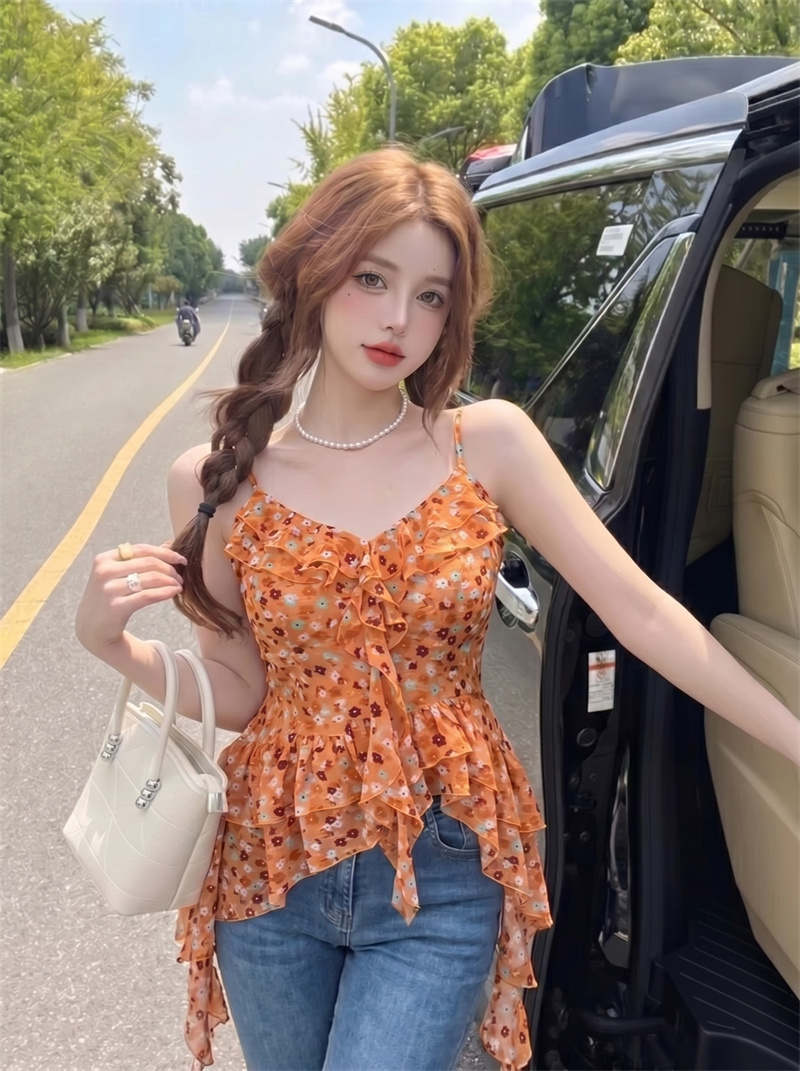 정가 실사 휴가 바람 쉬폰 블라우스 불규칙 프릴 꽃무늬 슬립 여성 마이크로 지방 디자인 센스 작은 셔츠