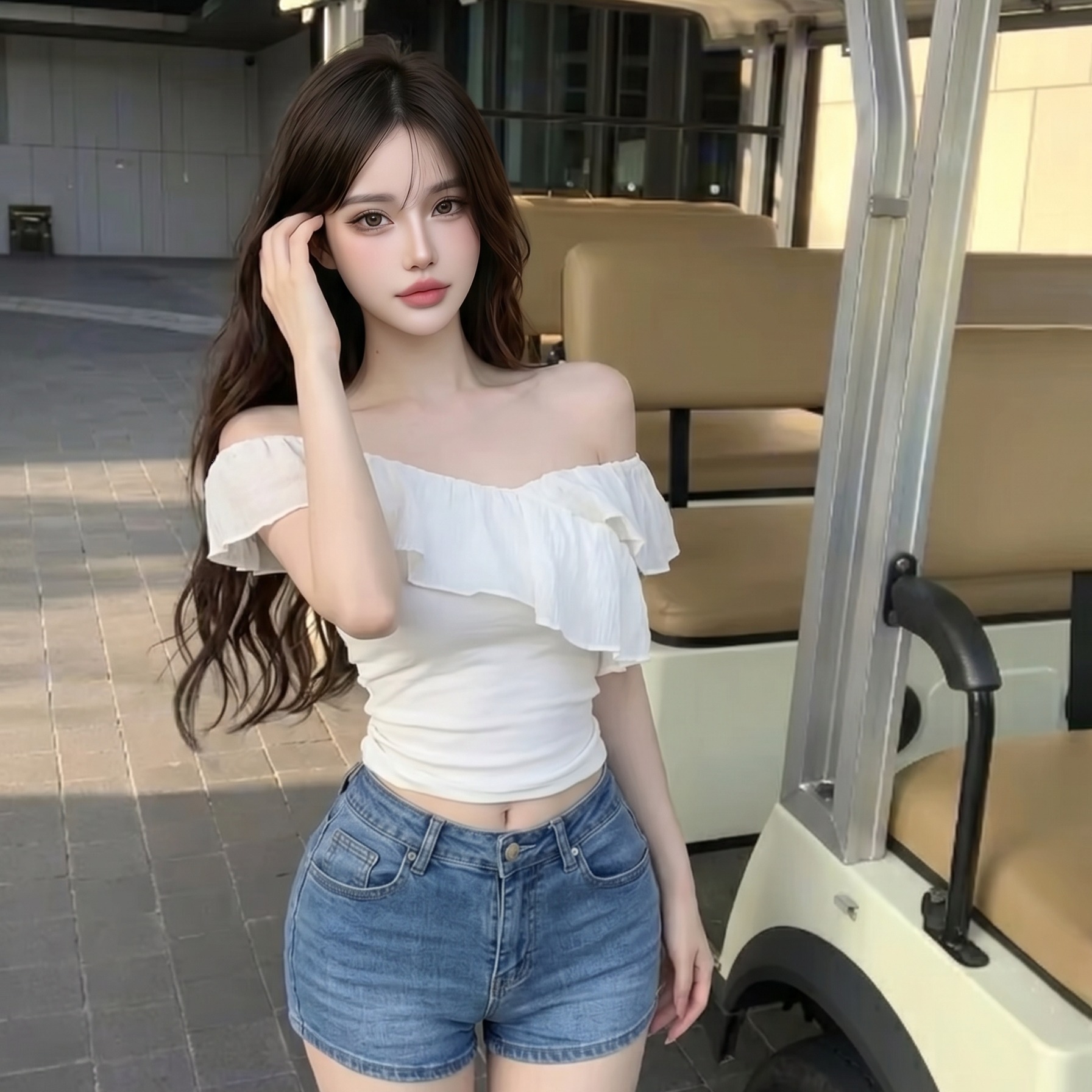 실사 정가 순수한 욕망 핫걸 바람 프릴 오프숄더 맨위 디자인 센스 오프숄더 몸매 가꾸기 티셔츠