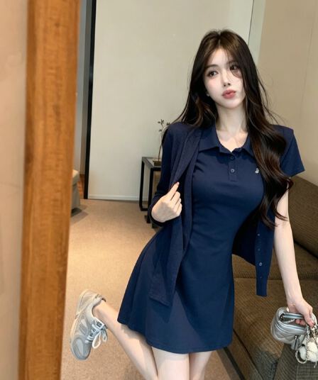 정가 실사 POLO 칼라 경기 숄 연령 감소 슬림해 보이는 드레스 한 부서 캐주얼 느긋한 바람 허리 수축 A라인 스커트