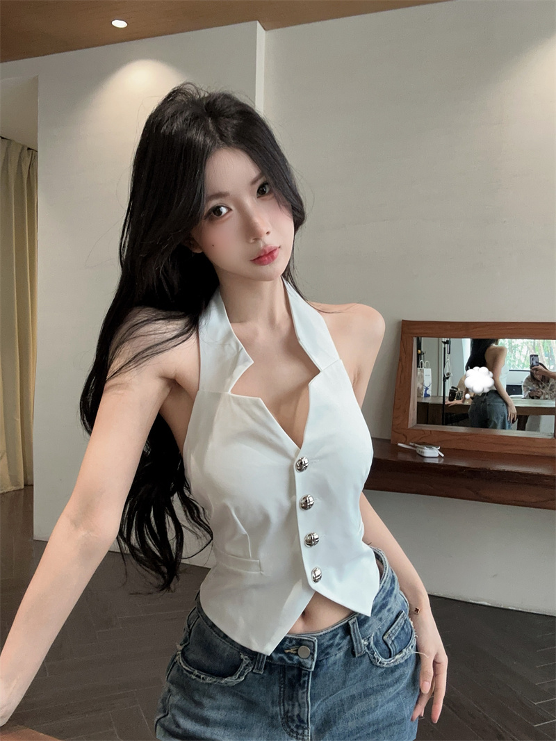 정가 실사 핫걸 명문 여성 싱글 줄 버튼 백리스 행침 목 슬립 베스트 조끼 여성 품격 몸매 가꾸기 맨위