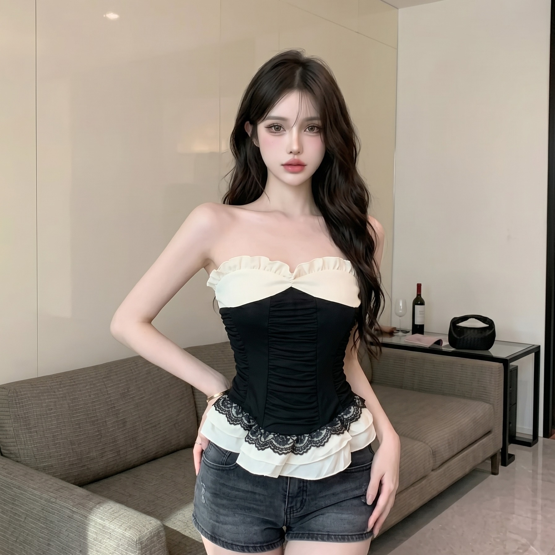 실사 프랑스식 레이스 배색 튜브탑 외출용 꼬집기 허리 조끼 순수한 욕망 핫걸 바람 디자인 센스 슬림해 보이는 슬립 맨위