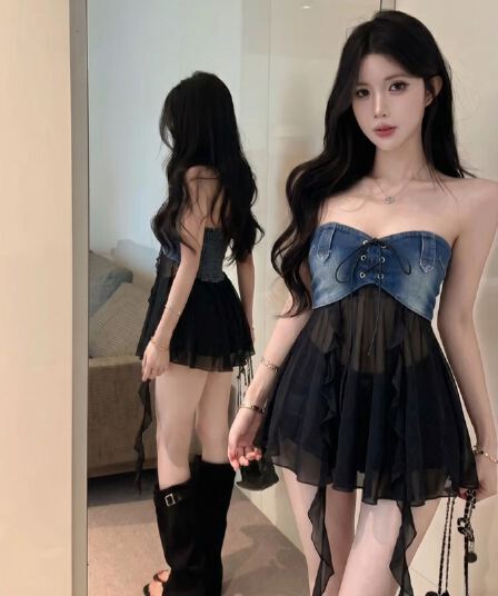 정가 실사 섹시함 핫걸 데님 패치워크 쉬폰 튜브탑 불규칙 리본 섹시함 맨위