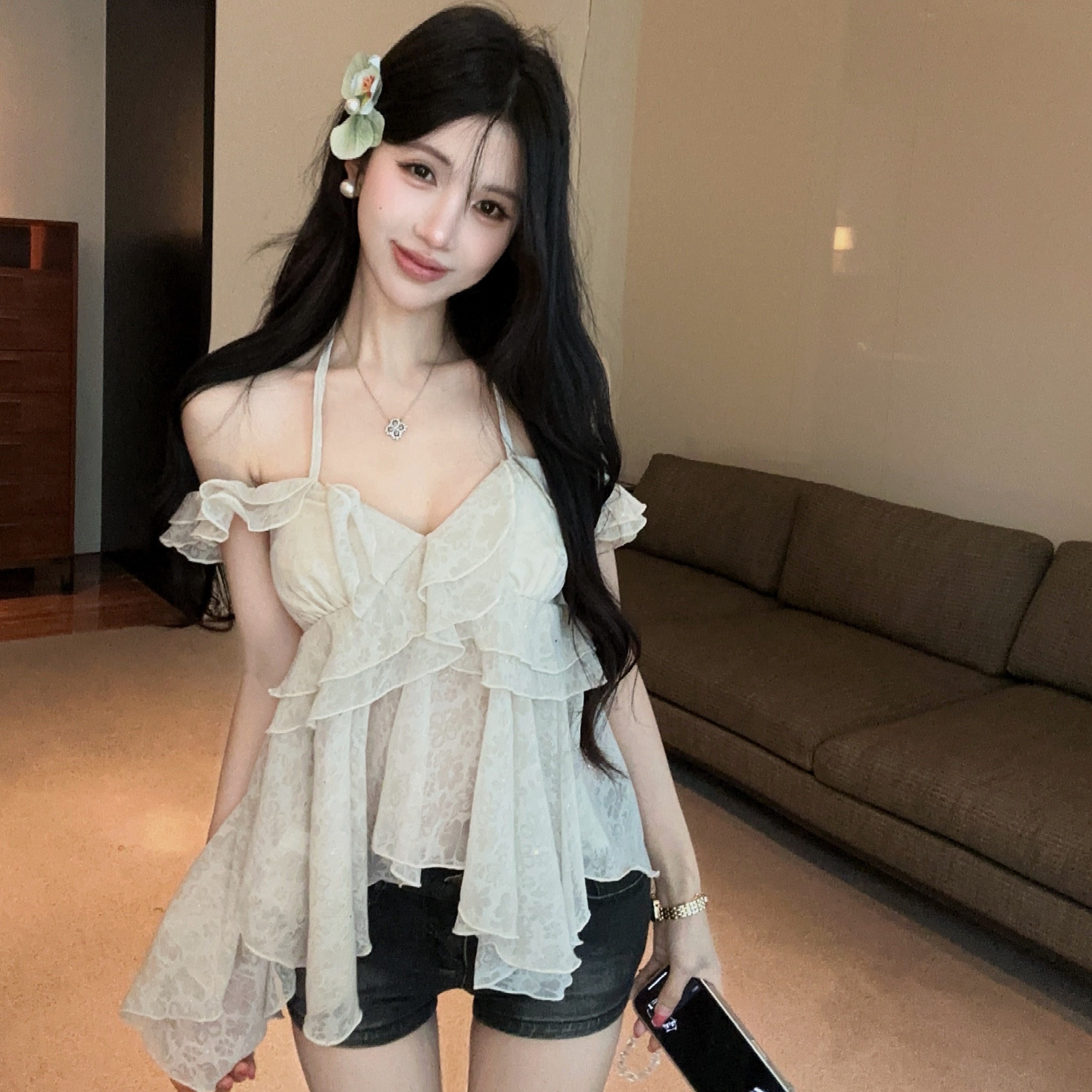 실사 정가 순수한 욕망 프릴 행침 목 슬립 오프숄더 어깨 의류 어둠 곡물 자카드 불규칙 쉬폰 블라우스