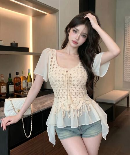 정가 실사 페이크 레이어드 짜임 술 홀로우 아웃 반팔 셔츠 여름 나비 매듭 프릴 치마 맨위