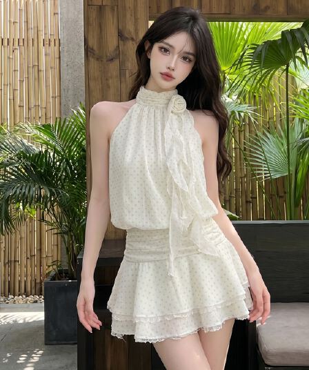 실사 정가 행침 목 여성 드레스 여름 민소매 미니 스커트 프랑스식 핫걸 디자인 센스 품격 화이트 도트 무늬 치마