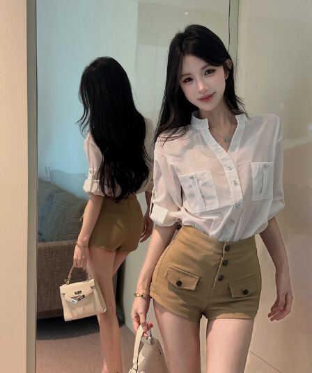 정가 실사 V넥 여성 셔츠 한 부서 캐주얼 루즈핏 긴팔 자외선 차단 만나는 맨위 세트 여성 하이웨이스트 쇼트 스타일