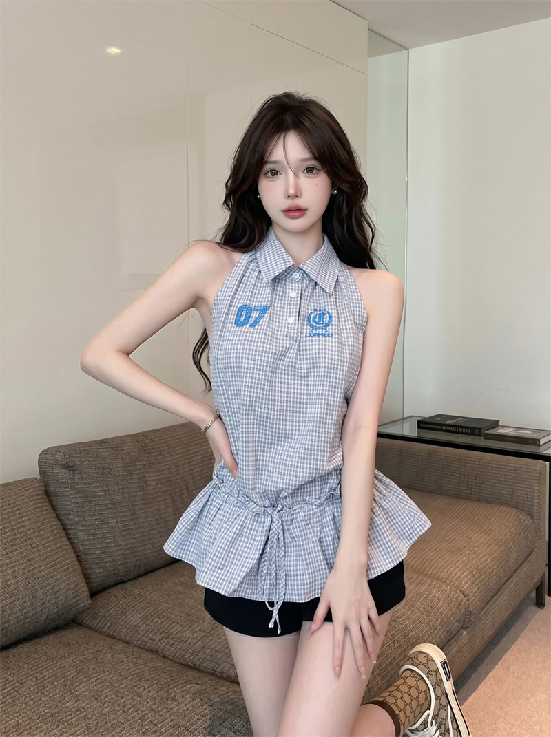 정가 실사 아메리칸 핫걸 체크무늬 숫자 자수 폴로 칼라 여성 연령 감소 캐주얼 허리 수축 디자인 센스 민소매 맨위