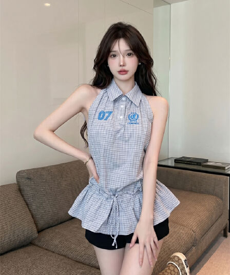 정가 실사 아메리칸 핫걸 체크무늬 숫자 자수 폴로 칼라 여성 연령 감소 캐주얼 허리 수축 디자인 센스 민소매 맨위