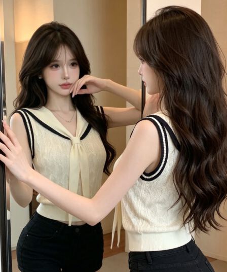 정가 실사 프랑스식 해군 칼라 V넥 니트 반팔 티셔츠 여성 여름 배색 민소매 조끼 몸매 가꾸기 숄 맨위