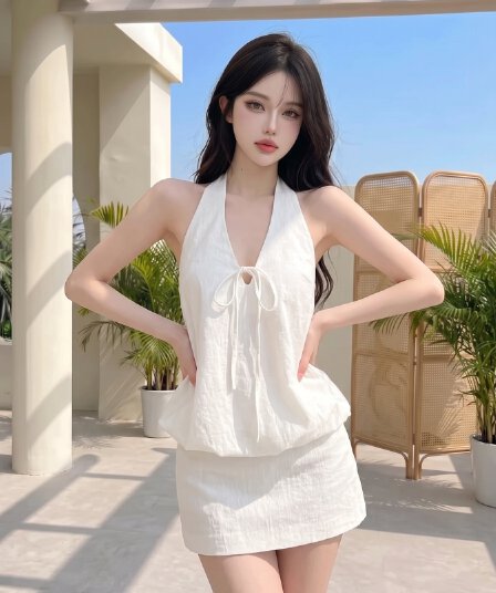 실사 프랑스식 화이트 V넥 행침 목 꽃밭 백리스 맨위 반신 치마 세트 여름