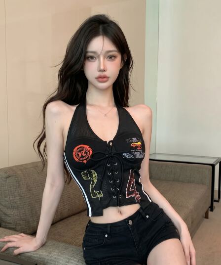 정가 실사 아메리칸 레트로 저지 캐미솔 외출용 스트랩 비대칭 프린트 핫걸 행침 목 맨위